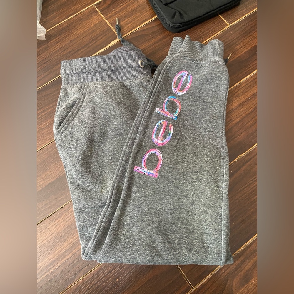 Bebe Sport Joggers S Gray Fleece Sequin Logo Pants Y2K Lounge Athleisure 2000s